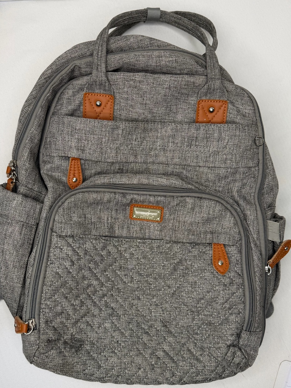 BabbleRoo Gray Baby Bag Backpack with Tan Accent Details